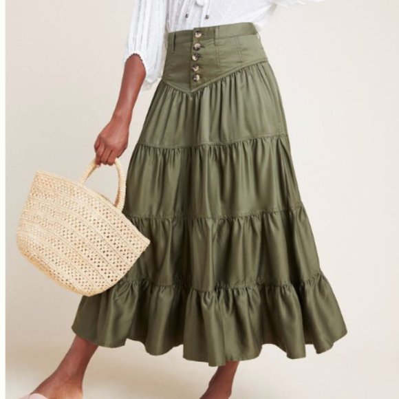 Anthropologie Maeve Tiered Dark Green Maxi Skirt - Picture 1 of 2